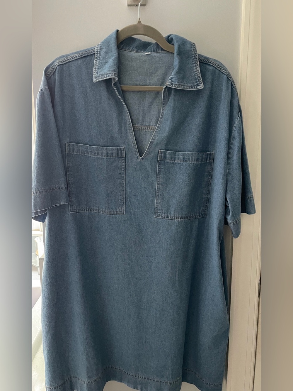Denim Mini Dress with Patch Pockets - Blue